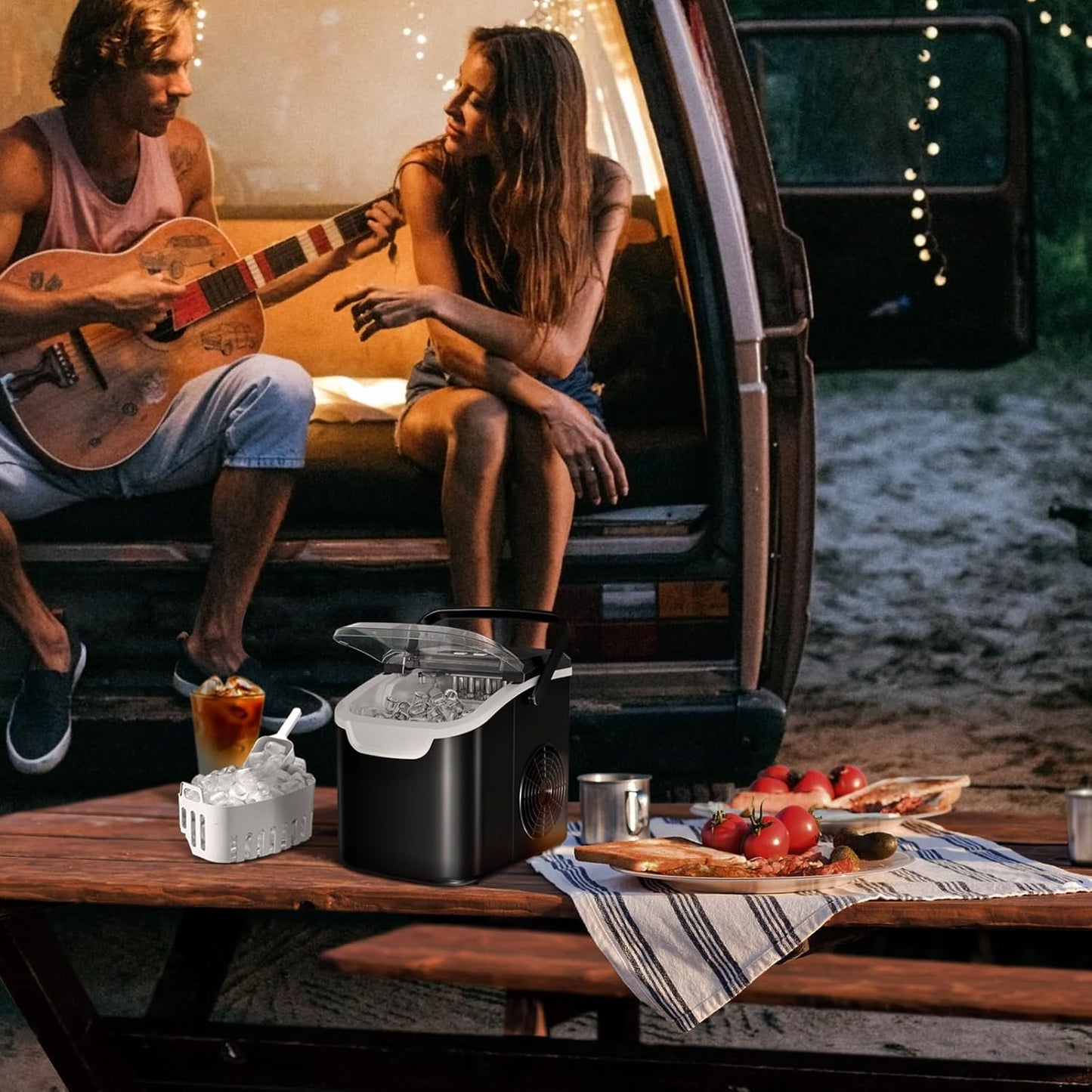 Countertop Ice Maker Machine, 8 Ice Cubes in 6 Mins, 26Lb/Day Ice with 2 Sizes- Portable Mini, Energy Saving & Basket/Scoop for Home/Party/Travel/Camping/Bar, Dark Black