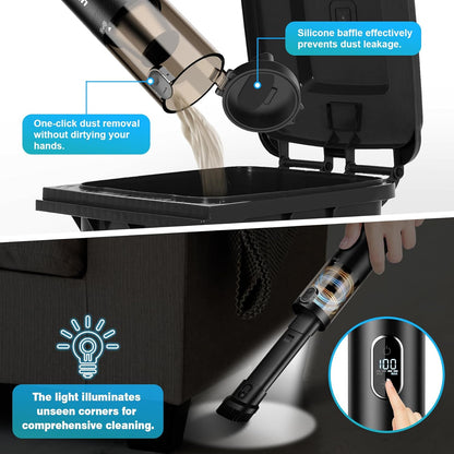 Handheld Vacuum Cordless, Car Vacuum with 14000PA Powerful Suction with LED Light, Air Duster 2-In-1,Low Noise Rechargeable Portable Mini Vacuum Cleaner for Car Home Pet Office,Two Gears Black
