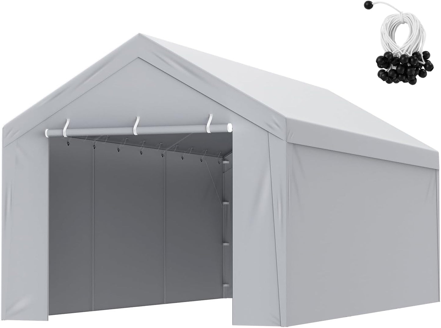Carport Replacement Canopy Cover Top + Side Wall 10 X 20 Ft, Garage Tent Shelter Tarp Heavy-Duty Waterproof & UV Protected, Easy Installation with Ball Bungees,Grey (Frame Not Included)