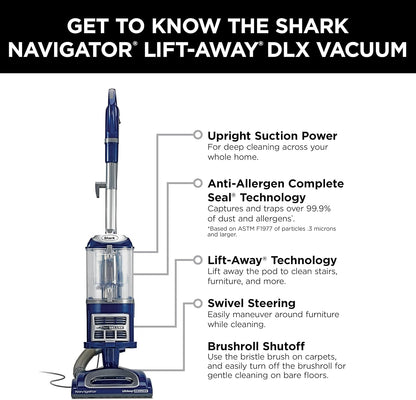 Upright Vacuum, Navigator Lift-Away Deluxe with Large Dust Cup Capacity, HEPA Filter, Swivel Steering, Upholstery Tool & Crevice Tool, Blue, NV360