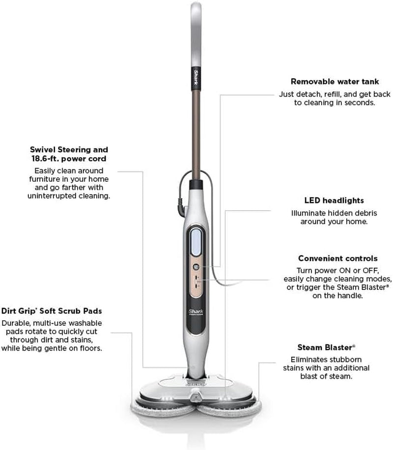 Steam & Scrub with Steam Blaster Technology All-In-One Hard Floor Steam Mop with 3 Steam Modes & LED Headlights S8201, Rotator White
