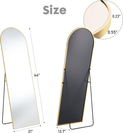 64"X21" Arched Full Length Mirror, Standing or Leaning Full Body Mirror with Aluminum Alloy Thin Frame, Suitable for Bedroom or Cloakroom,Gold