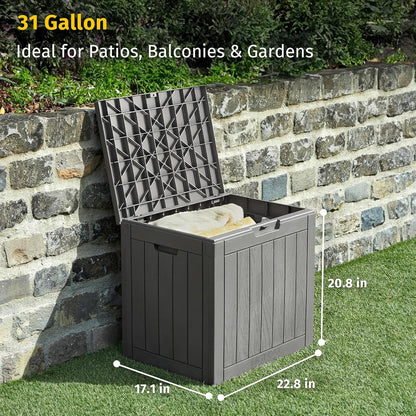 Outdoor Storage Box, 31 Gallon Deck Box Indoor and Outdoor Use, Waterproof Resin Storage Bin for Package Delivery, Patio Cushions, Gardening Tools, Lockable, UV Resistant, Grey
