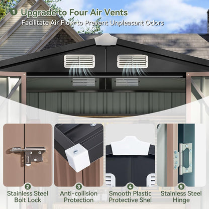 6.2X4 FT Shed Outdoor Storage Shed with Lockable Doors & Slooping Roof Metal Garden Tool Shed for Backyard, Patio, Poolside (Brown)