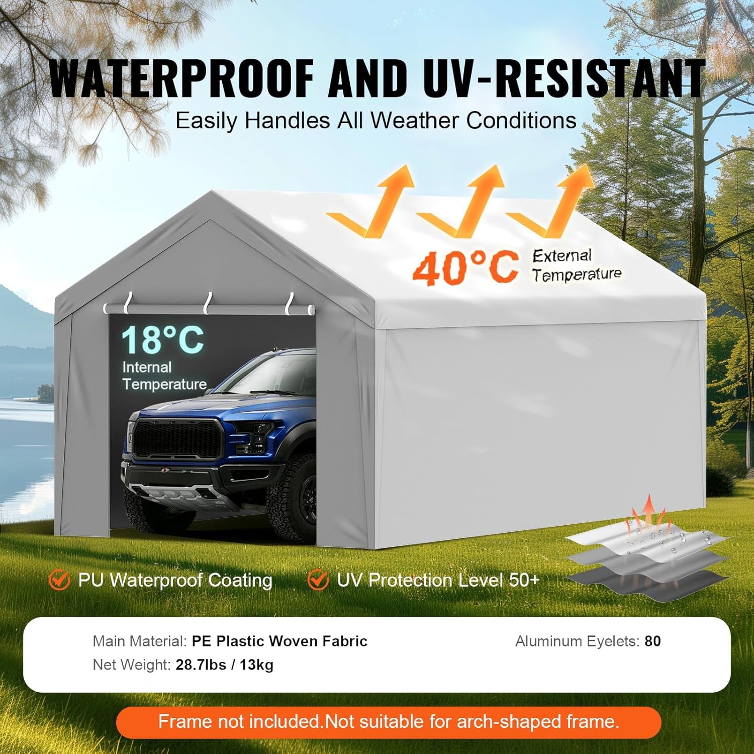 Carport Replacement Canopy Cover Top + Side Wall 10 X 20 Ft, Garage Tent Shelter Tarp Heavy-Duty Waterproof & UV Protected, Easy Installation with Ball Bungees,Grey (Frame Not Included)