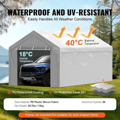 Carport Replacement Canopy Cover Top + Side Wall 10 X 20 Ft, Garage Tent Shelter Tarp Heavy-Duty Waterproof & UV Protected, Easy Installation with Ball Bungees,Grey (Frame Not Included)