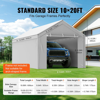 Carport Replacement Canopy Cover Top + Side Wall 10 X 20 Ft, Garage Tent Shelter Tarp Heavy-Duty Waterproof & UV Protected, Easy Installation with Ball Bungees,Grey (Frame Not Included)