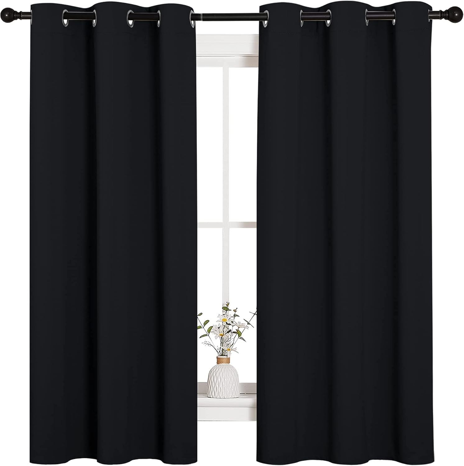 Pitch Black Solid Thermal Insulated Grommet Blackout Curtains/Drapes for Bedroom Window (2 Panels, 42 Inches Wide by 63 Inches Long, Black)