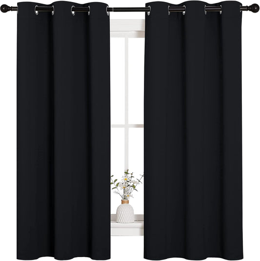 Pitch Black Solid Thermal Insulated Grommet Blackout Curtains/Drapes for Bedroom Window (2 Panels, 42 Inches Wide by 63 Inches Long, Black)