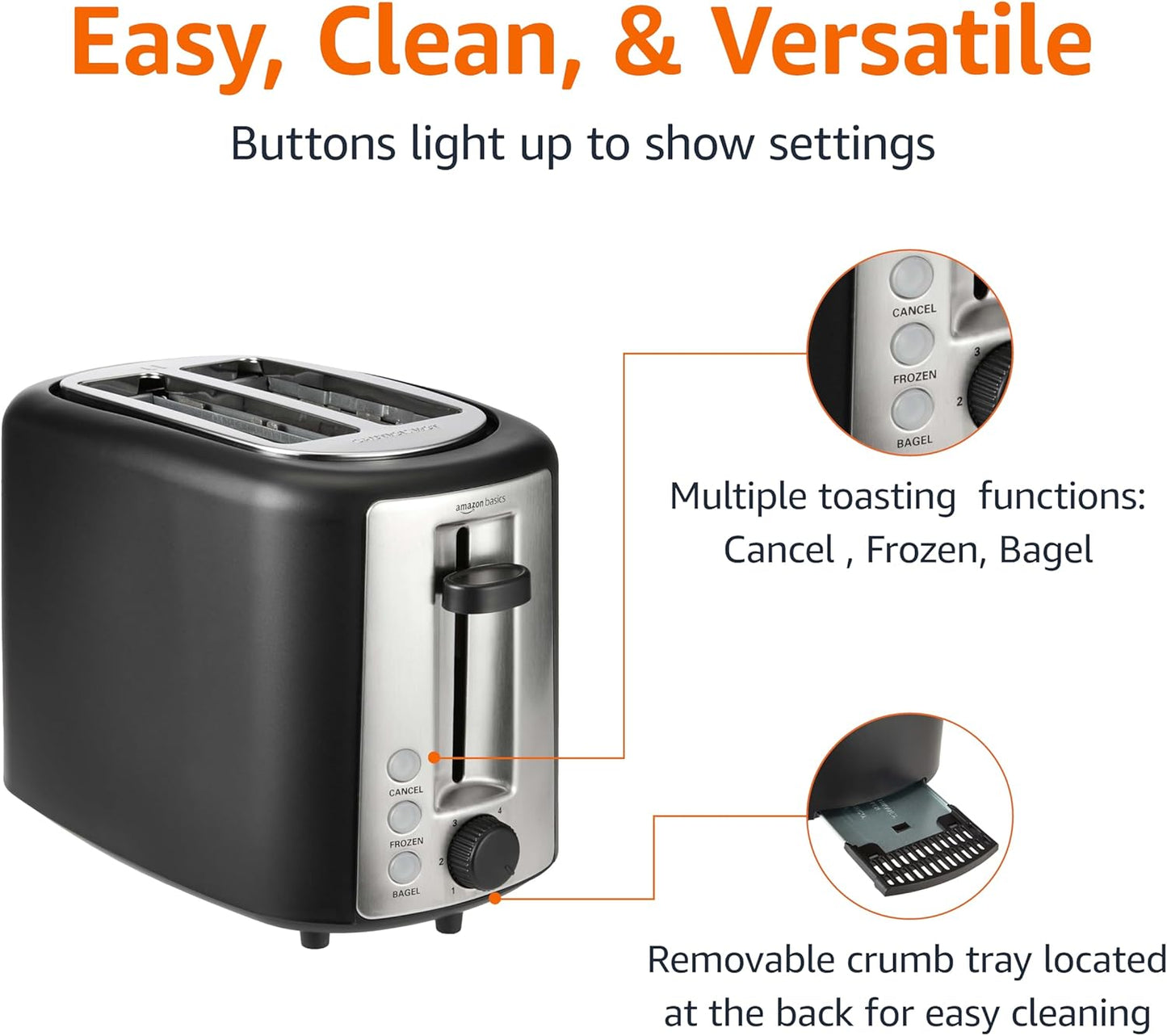 2 Slice Toaster, with 6 Browning Settings, Extra Wide Slots for Bagels and Special Breads, Removable Easy-To-Clean Crumb Tray, Cancel/Defrost/Bagel Buttons, 900W, Black & Silver
