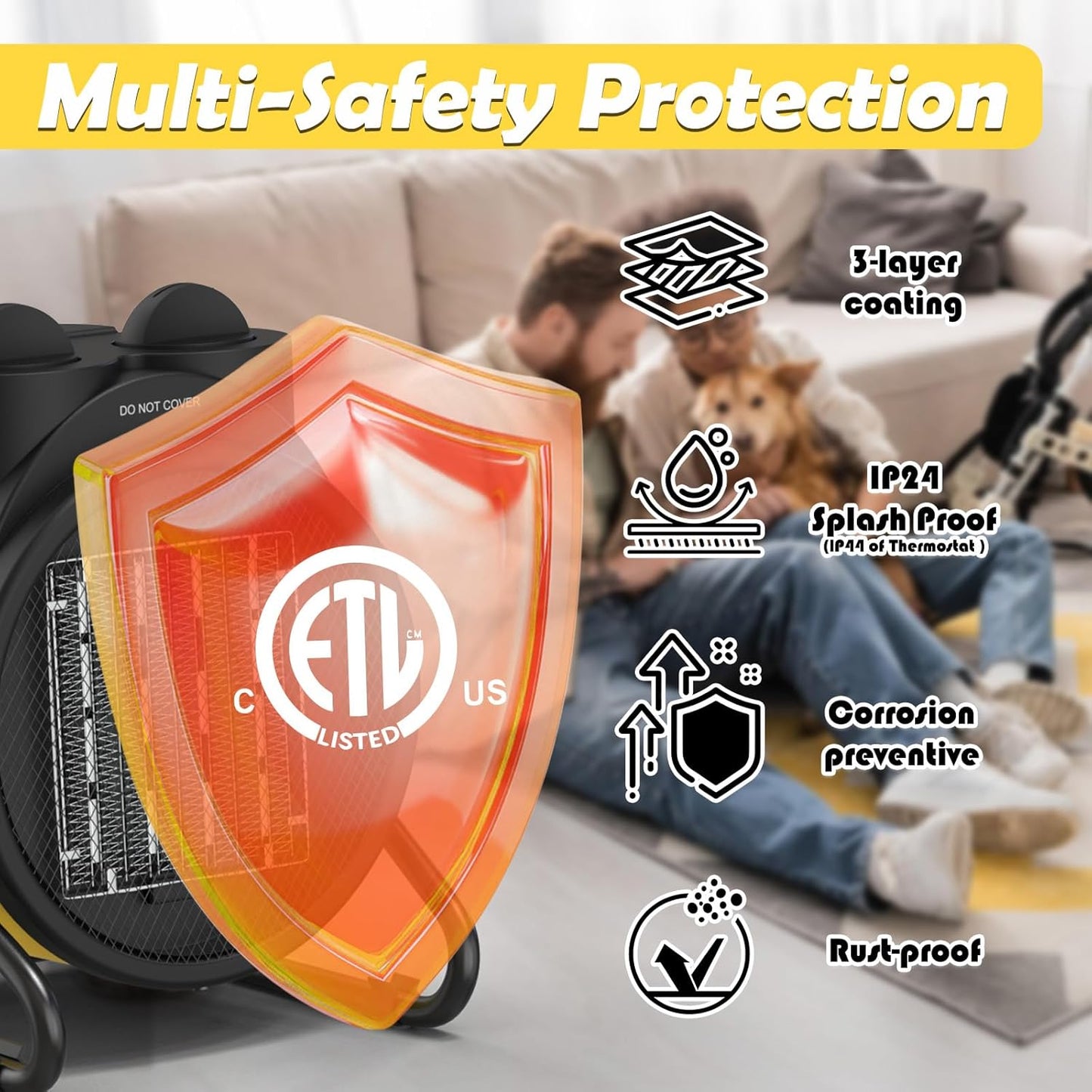 Outdoor Heaters for Patio, 1500W Portable Garage Heater with Overheat Protection & 3S Fast Heating, Non-Slip Cushion, Electric Space Heater for Patio, Garage, Greenhouse, Bedroom, Yellow