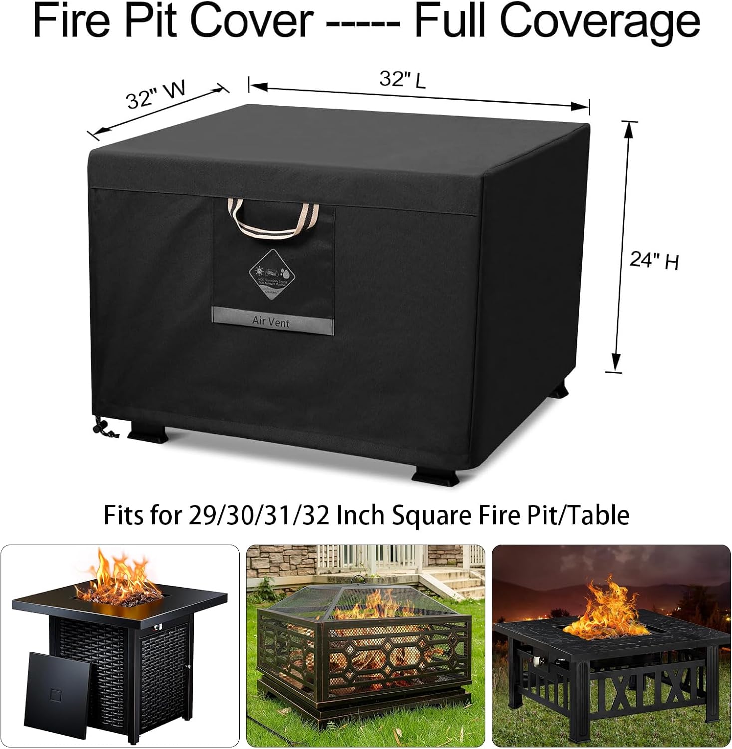 Fire Pit Cover Square Heavy Duty Fabric 100% Waterproof, Fits Outdoor for 29”,30 Inch,31 Inch,32 Inch Fire Pit/Table Cover,Gas Fire Pit Cover (32”L X 32”W X 24”H,Black)