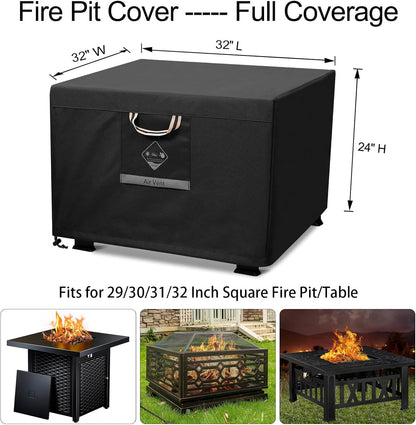 Fire Pit Cover Square Heavy Duty Fabric 100% Waterproof, Fits Outdoor for 29”,30 Inch,31 Inch,32 Inch Fire Pit/Table Cover,Gas Fire Pit Cover (32”L X 32”W X 24”H,Black)