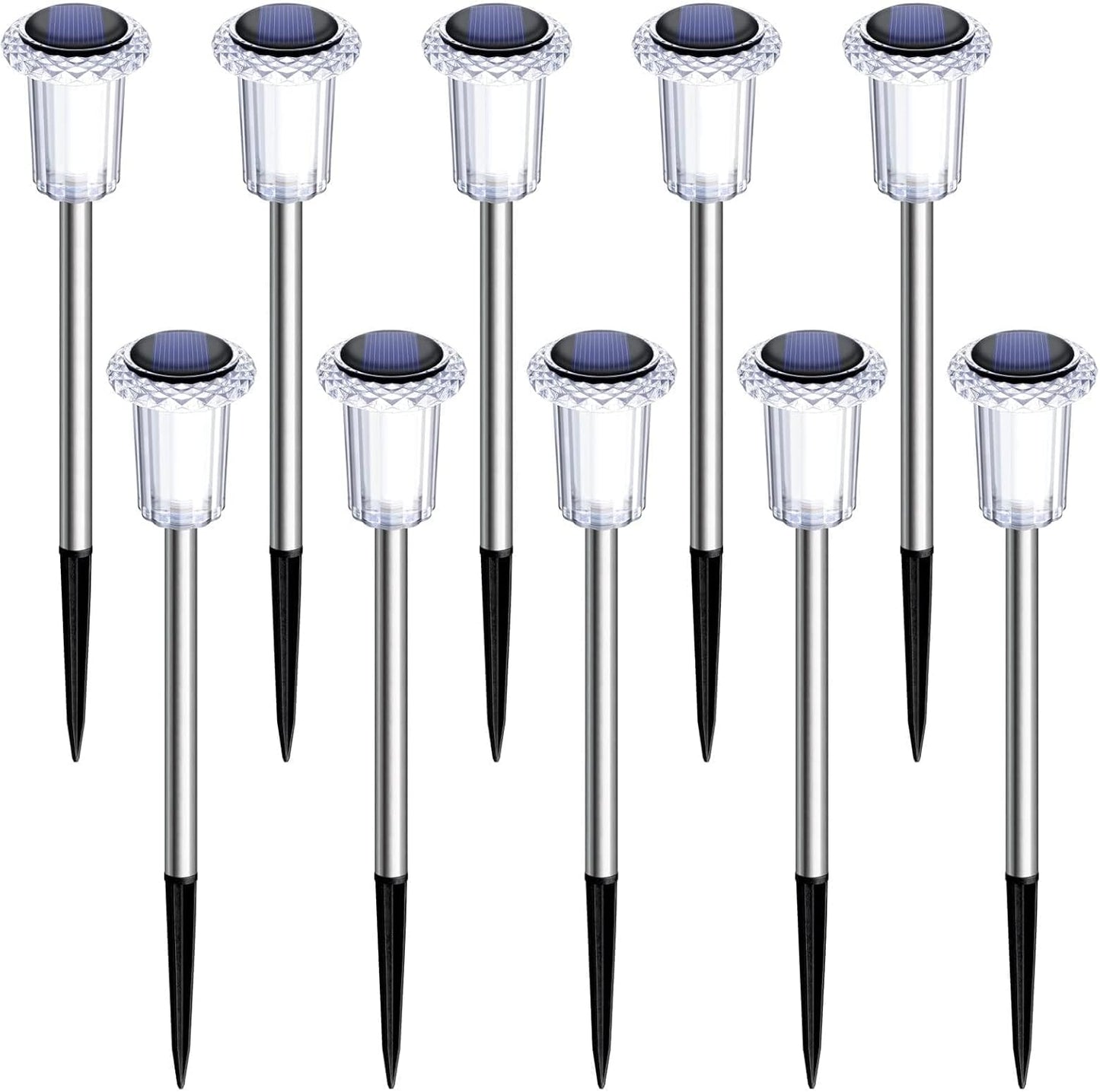 Solar Lights Outdoor 10 Pack Waterproof 6000K Cold White LED Stainless Steel Stake for Pathway Yard Garden Driveway Solar Powered outside Christmas Decor