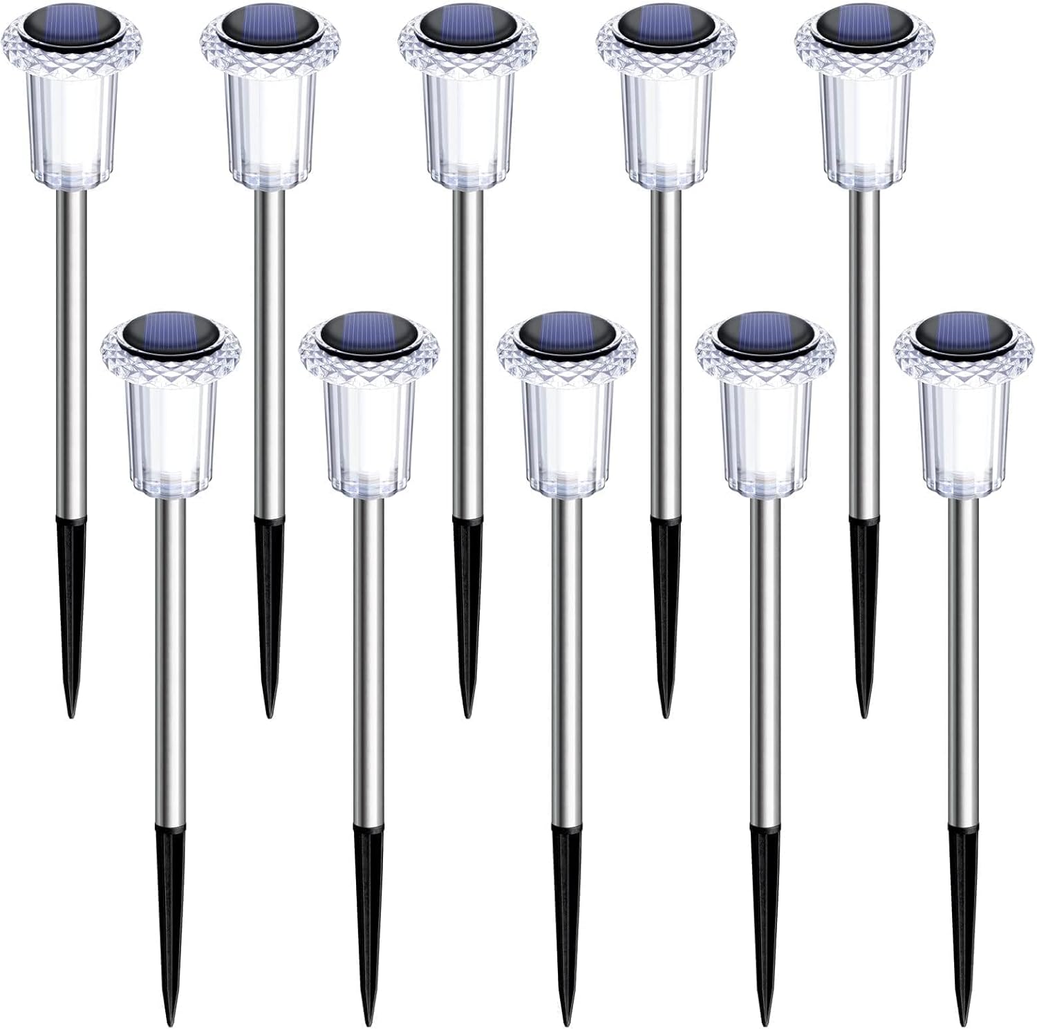 Solar Lights Outdoor 10 Pack Waterproof 6000K Cold White LED Stainless Steel Stake for Pathway Yard Garden Driveway Solar Powered outside Christmas Decor