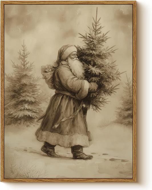 Vintage Santa Claus Carrying Christmas Tree Wall Art, Retro 12X16 Framed Canvas Print, Rustic Sepia Tone Santa with Pine Tree Artwork, Classic Winter Holiday Entryway Bedroom Home Décor