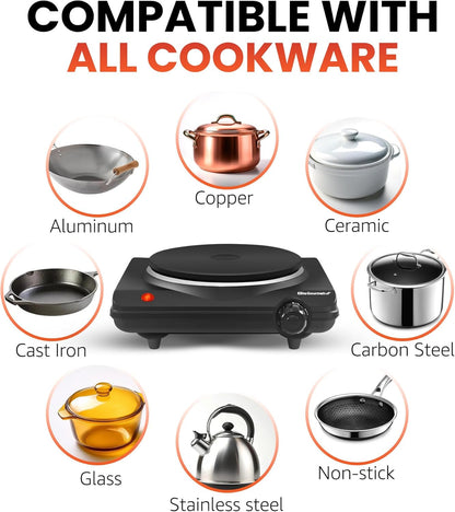 ESB-301BF# Countertop Single Cast Iron Burner, 1000 Watts Electric Hot Plate, Temperature Controls, Power Indicator Lights, Easy to Clean, Black