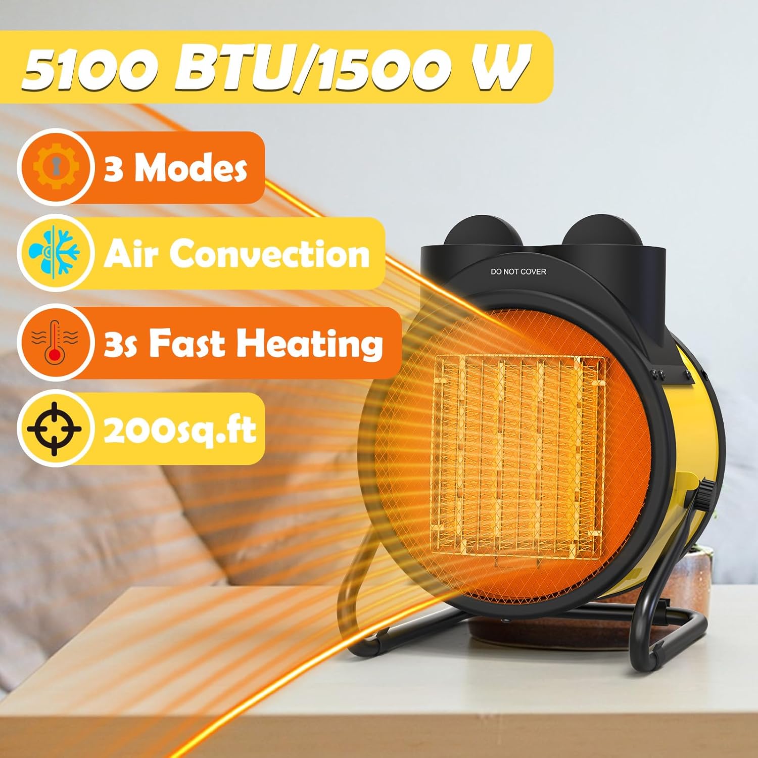 Outdoor Heaters for Patio, 1500W Portable Garage Heater with Overheat Protection & 3S Fast Heating, Non-Slip Cushion, Electric Space Heater for Patio, Garage, Greenhouse, Bedroom, Yellow