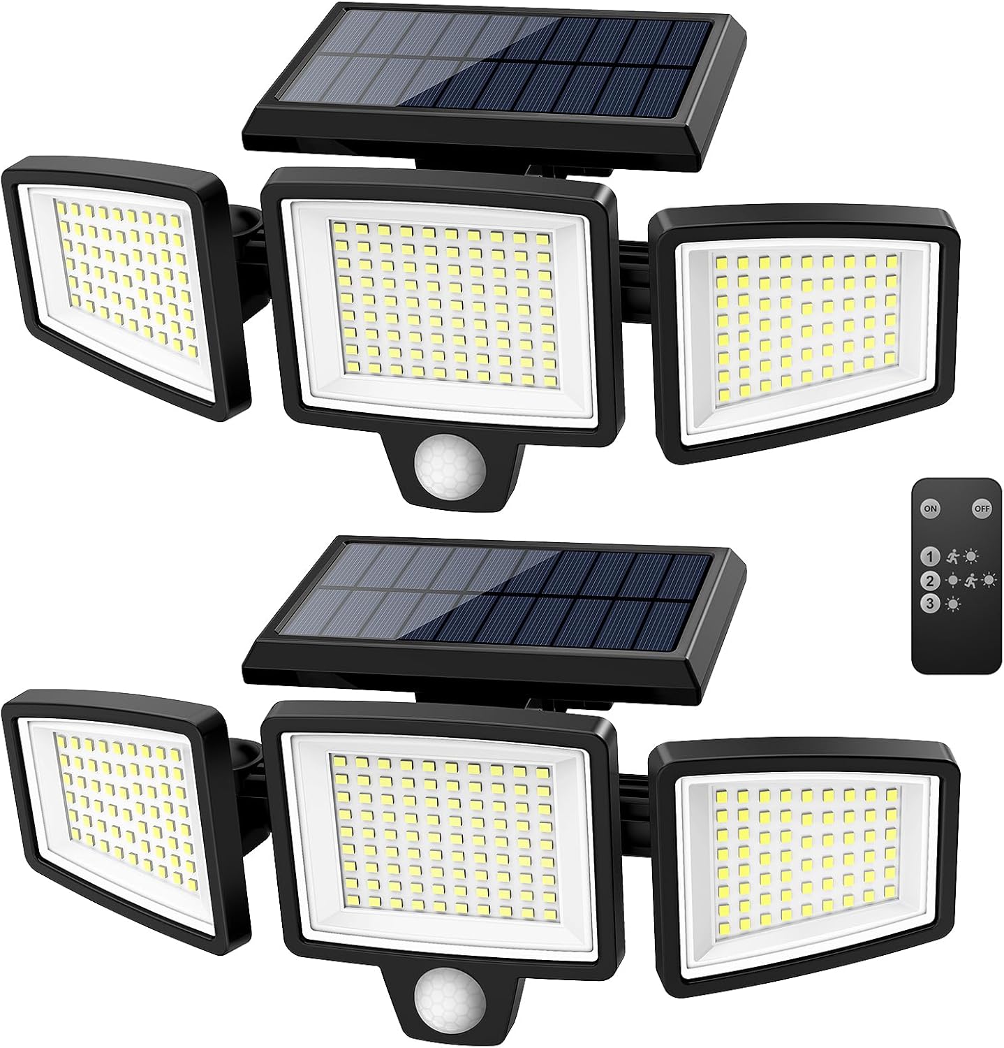 Solar Outdoor Lights 2500LM 210 LED Security Lights with Remote Control,3 Heads Motion Sensor Lights, IP65 Waterproof,270° Wide Angle Flood Wall Lights with 3 Modes(2 Packs)