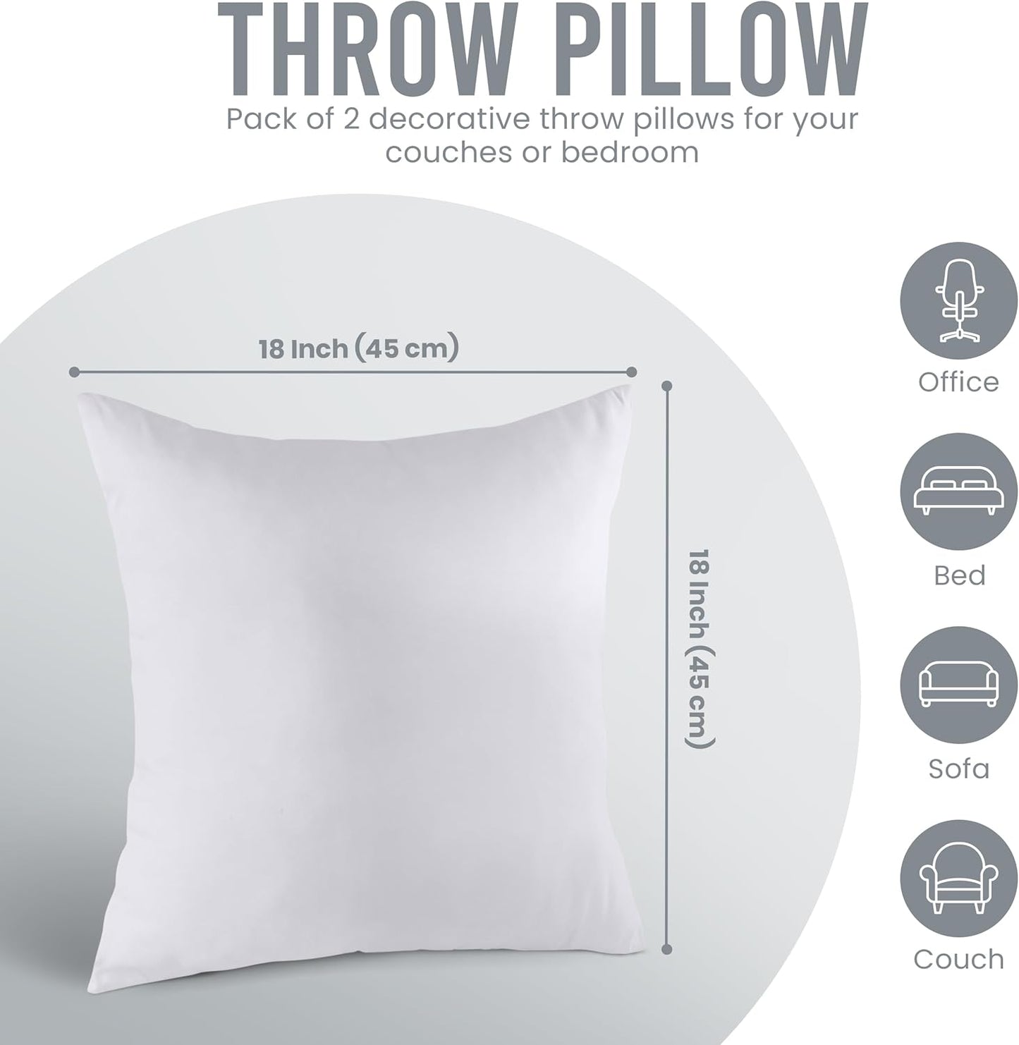 Throw Pillows Insert (Pack of 2, White) - 18 X 18 Inches Bed and Couch Pillows - Indoor Decorative Pillow