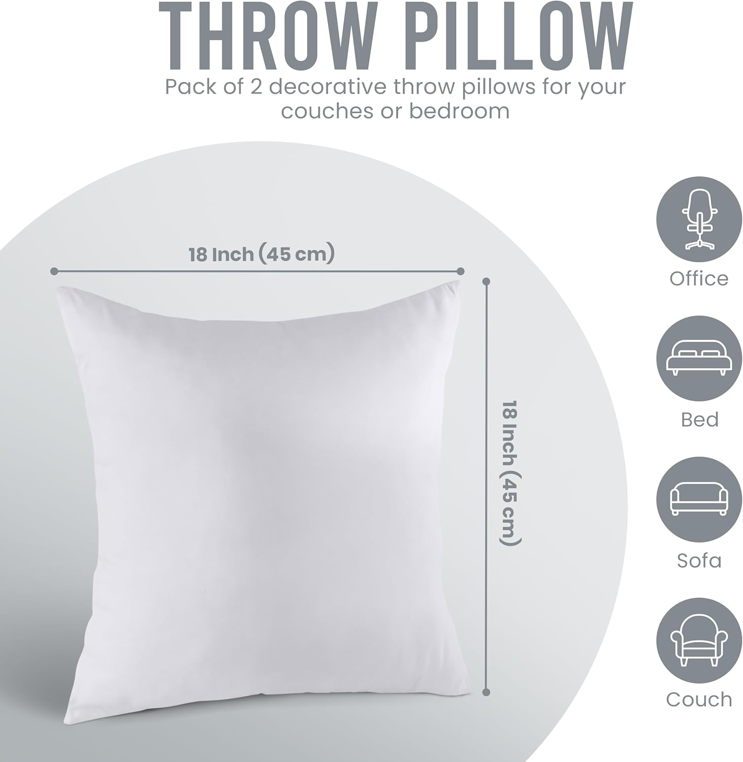 Throw Pillows Insert (Pack of 2, White) - 18 X 18 Inches Bed and Couch Pillows - Indoor Decorative Pillow
