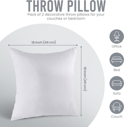 Throw Pillows Insert (Pack of 2, White) - 18 X 18 Inches Bed and Couch Pillows - Indoor Decorative Pillow
