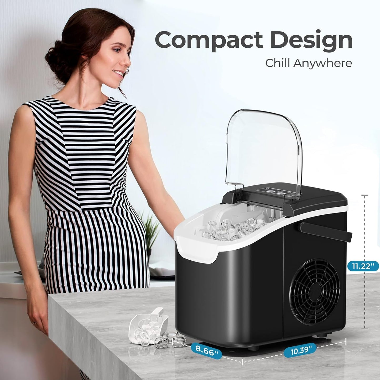 Countertop Ice Maker Machine, 8 Ice Cubes in 6 Mins, 26Lb/Day Ice with 2 Sizes- Portable Mini, Energy Saving & Basket/Scoop for Home/Party/Travel/Camping/Bar, Dark Black