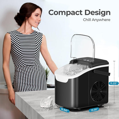 Countertop Ice Maker Machine, 8 Ice Cubes in 6 Mins, 26Lb/Day Ice with 2 Sizes- Portable Mini, Energy Saving & Basket/Scoop for Home/Party/Travel/Camping/Bar, Dark Black