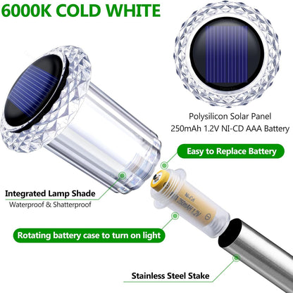 Solar Lights Outdoor 10 Pack Waterproof 6000K Cold White LED Stainless Steel Stake for Pathway Yard Garden Driveway Solar Powered outside Christmas Decor