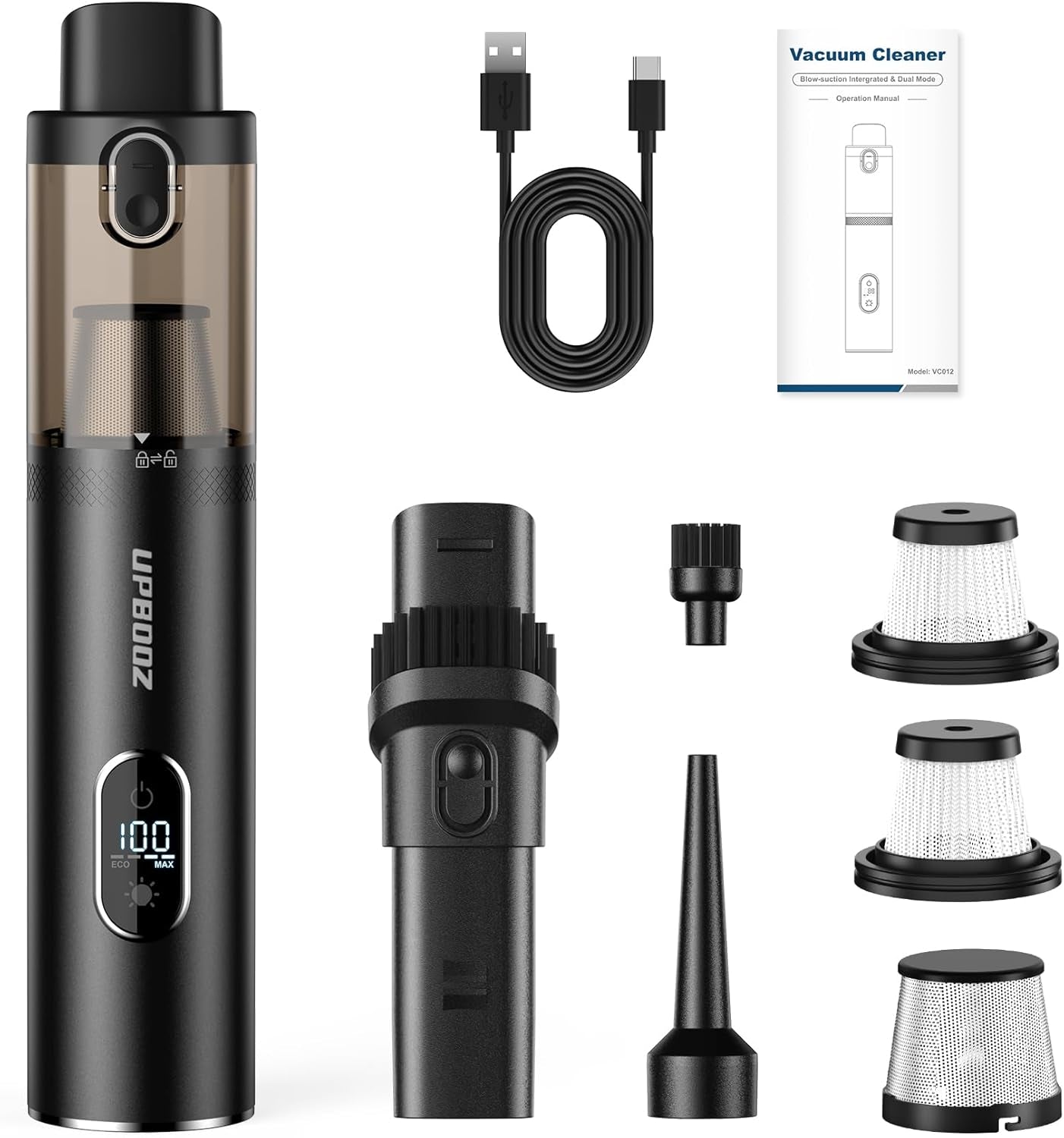 Handheld Vacuum Cordless, Car Vacuum with 14000PA Powerful Suction with LED Light, Air Duster 2-In-1,Low Noise Rechargeable Portable Mini Vacuum Cleaner for Car Home Pet Office,Two Gears Black