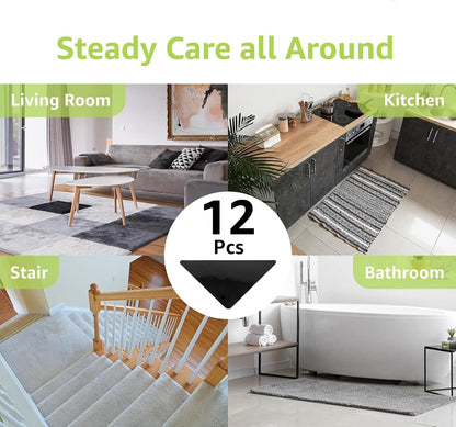 12 Pcs Rug Tape, Non Slip Rug Pads Grippers for Hardwood Floors and Tiles, Reusable Carpet Tape for Area Rugs, Double-Sided Adhesive Rug Stickers Keep Corners Flat (Black)