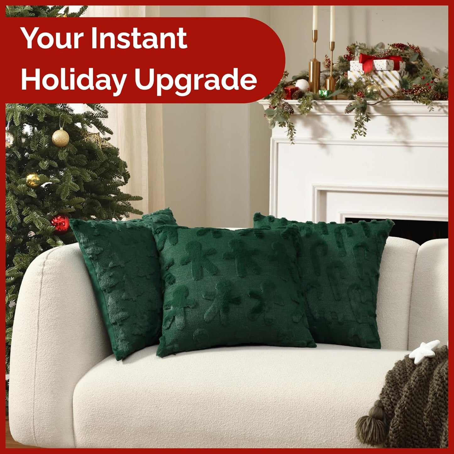 Gingerbread Pillowcases 18X18 - Christmas Pillow Covers Set of 2 - Xmas Couch Pillowcases for Living Room - Bed-Sized Holiday Throw Pillow Covers - Winter Holiday Home Decor - 3D Cushion Cases - Green