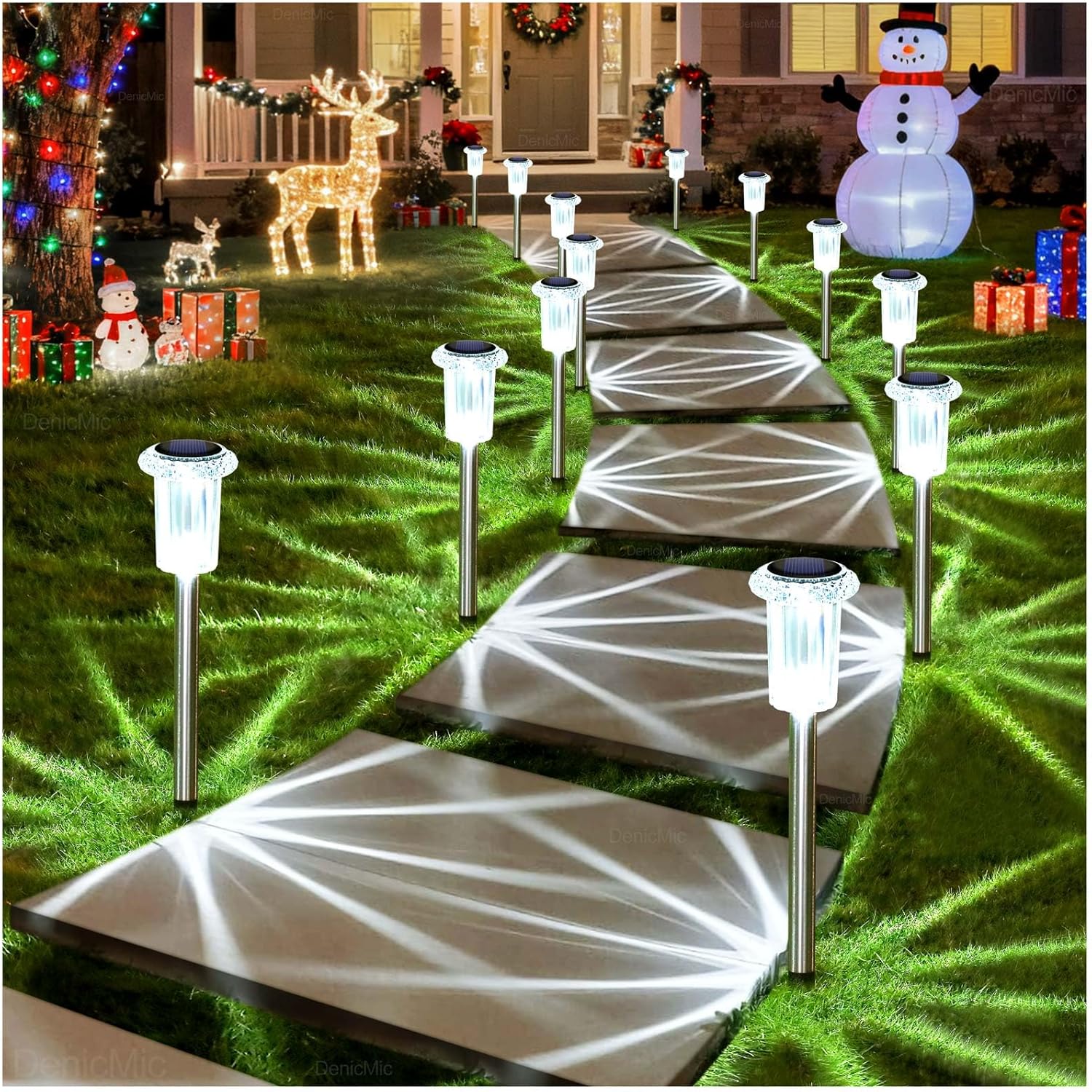 Solar Lights Outdoor 10 Pack Waterproof 6000K Cold White LED Stainless Steel Stake for Pathway Yard Garden Driveway Solar Powered outside Christmas Decor