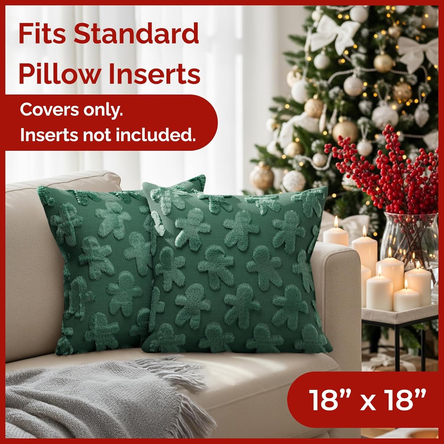 Gingerbread Pillowcases 18X18 - Christmas Pillow Covers Set of 2 - Xmas Couch Pillowcases for Living Room - Bed-Sized Holiday Throw Pillow Covers - Winter Holiday Home Decor - 3D Cushion Cases - Green
