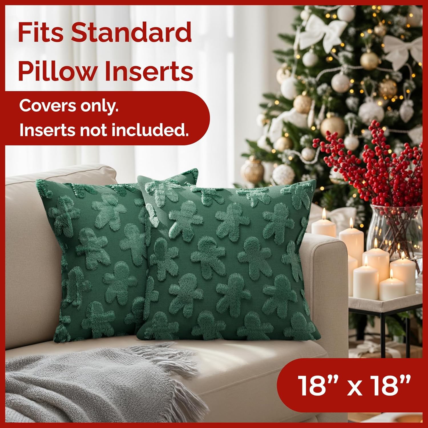 Gingerbread Pillowcases 18X18 - Christmas Pillow Covers Set of 2 - Xmas Couch Pillowcases for Living Room - Bed-Sized Holiday Throw Pillow Covers - Winter Holiday Home Decor - 3D Cushion Cases - Green