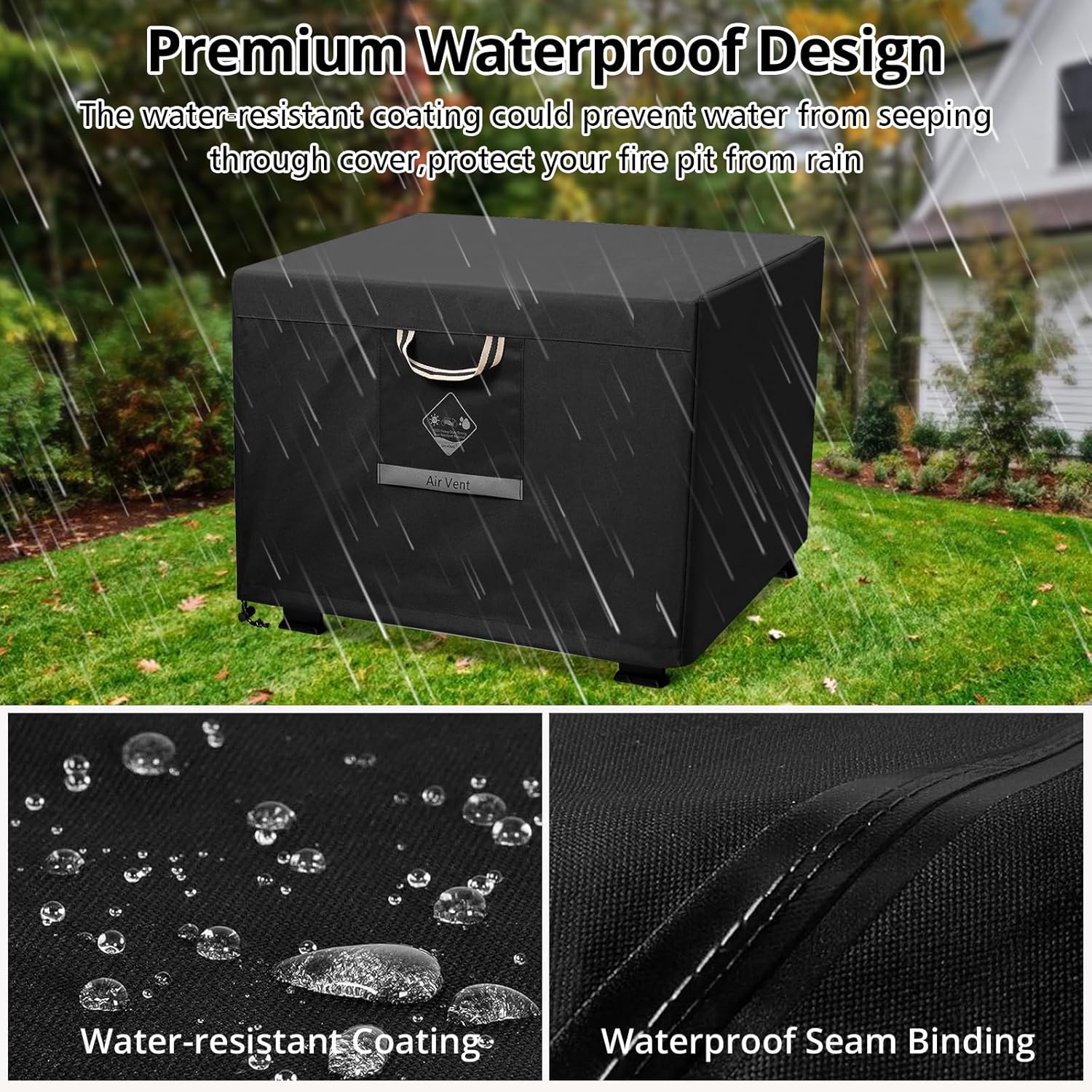 Fire Pit Cover Square Heavy Duty Fabric 100% Waterproof, Fits Outdoor for 29”,30 Inch,31 Inch,32 Inch Fire Pit/Table Cover,Gas Fire Pit Cover (32”L X 32”W X 24”H,Black)