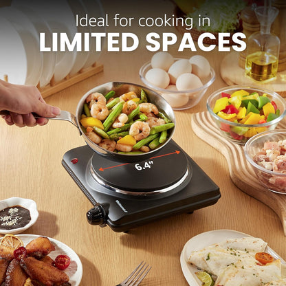 ESB-301BF# Countertop Single Cast Iron Burner, 1000 Watts Electric Hot Plate, Temperature Controls, Power Indicator Lights, Easy to Clean, Black