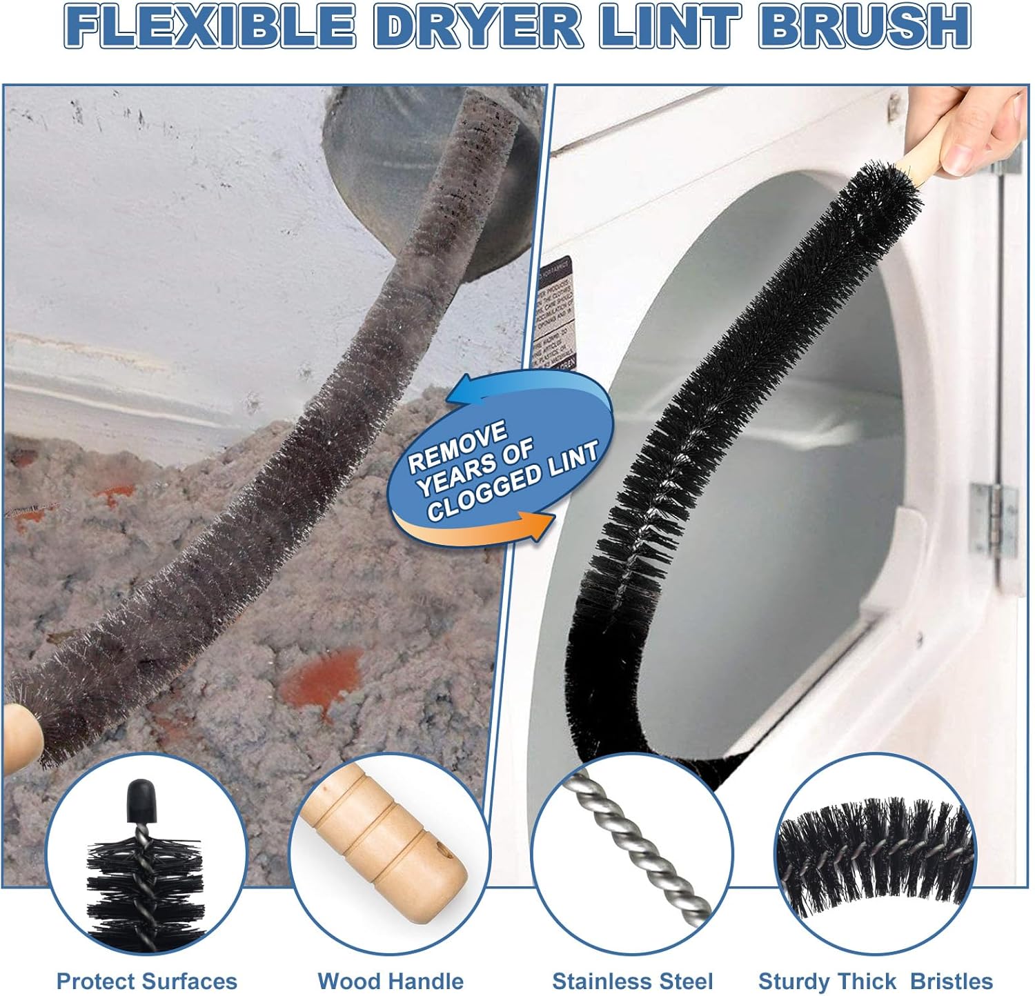 2 Pieces Dryer Vent Cleaner Kit Compatible with Most Vacuum Cleaner, Dryer Lint Brush and Vacuum Hose Attachment with Universal Connector, Quickly Lint Remover