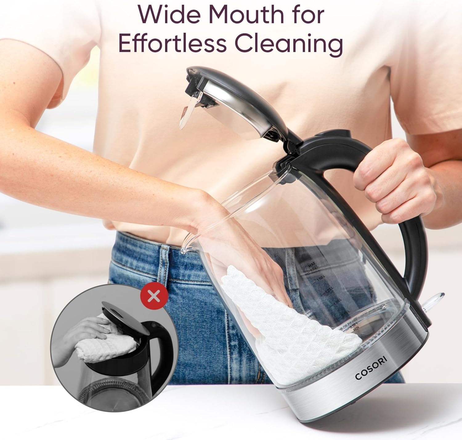 Electric Kettle, No Plastic Filter & Spout, 1.8Qt Tea Kettle & Hot Water Boiler for Coffee & Tea, Water Heater & Teapot, Automatic Shut Off, Borosilicate Glass, Black, 1500W