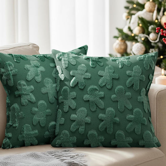 Gingerbread Pillowcases 18X18 - Christmas Pillow Covers Set of 2 - Xmas Couch Pillowcases for Living Room - Bed-Sized Holiday Throw Pillow Covers - Winter Holiday Home Decor - 3D Cushion Cases - Green