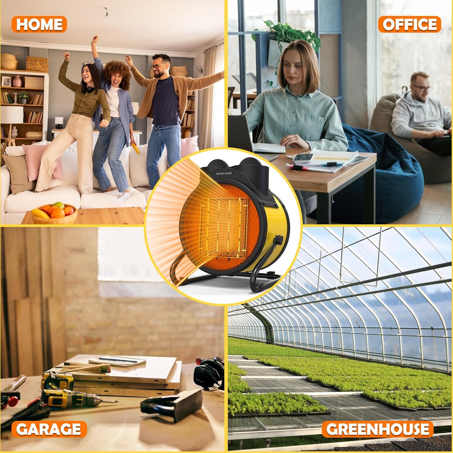 Outdoor Heaters for Patio, 1500W Portable Garage Heater with Overheat Protection & 3S Fast Heating, Non-Slip Cushion, Electric Space Heater for Patio, Garage, Greenhouse, Bedroom, Yellow