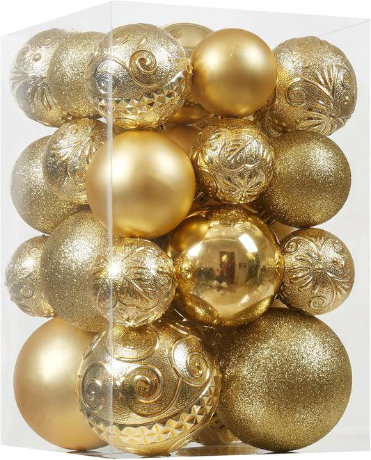 Christmas Ball Ornaments - 30Pcs Shatterproof Christmas Ornaments Set Plastic Hanging Christmas Decorations for Xmas Tree Holiday Party Decor, 6 Styles in 4 Sizes (Gold)
