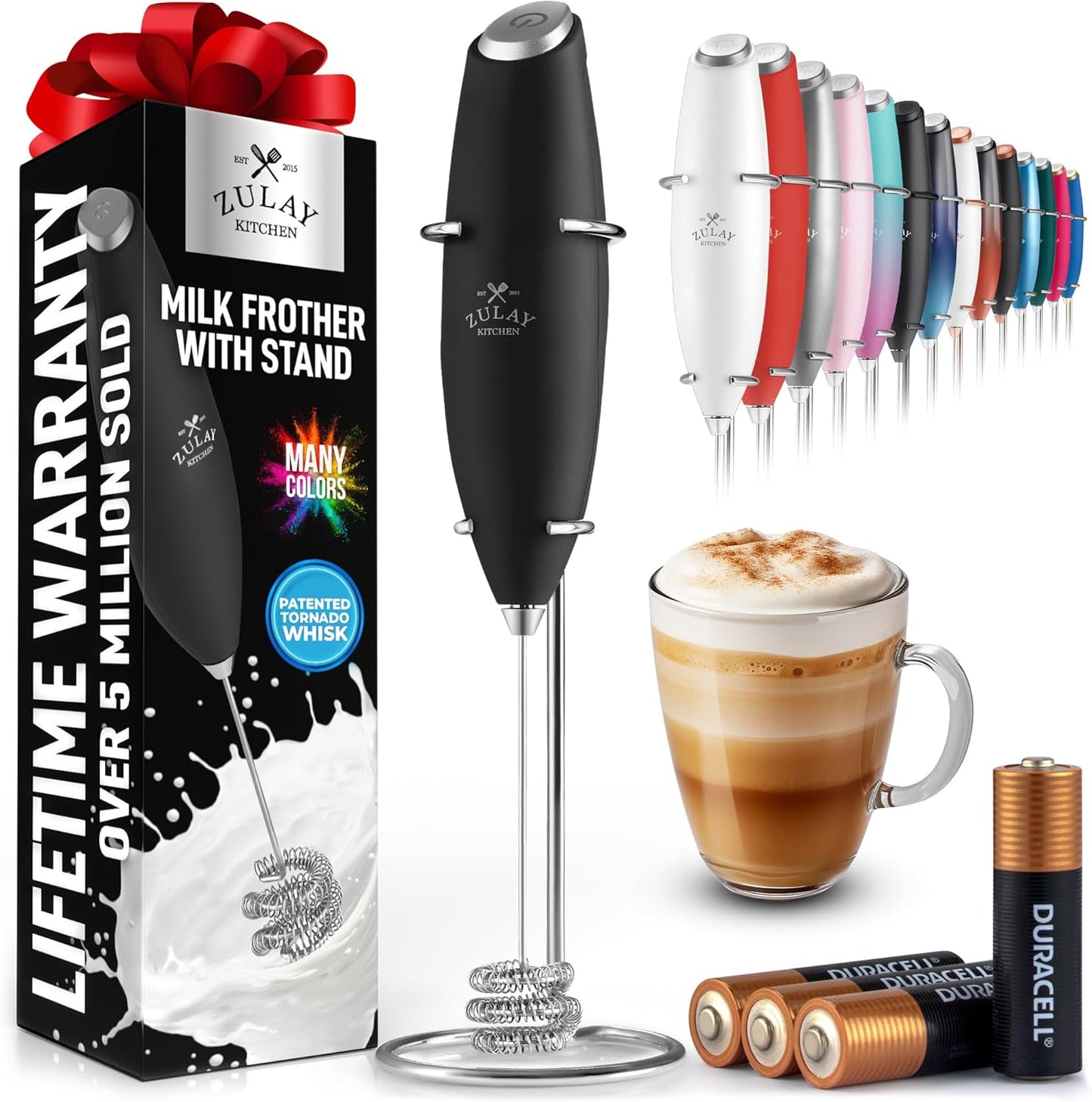 Patented Tornado Triple Whisk Milk Frother with 4 Duracell Batteries – Handheld Foam Maker for Coffee, Lattes, Matcha & Hot Chocolate – Rich, Creamy Froth in Seconds