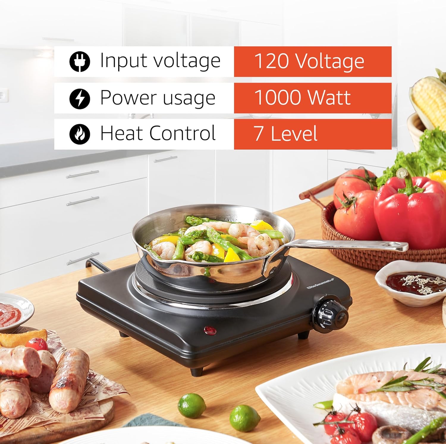 ESB-301BF# Countertop Single Cast Iron Burner, 1000 Watts Electric Hot Plate, Temperature Controls, Power Indicator Lights, Easy to Clean, Black
