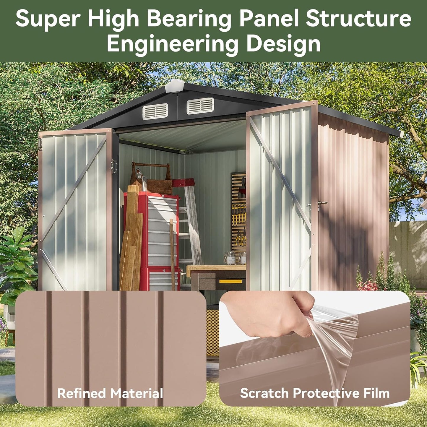 6.2X4 FT Shed Outdoor Storage Shed with Lockable Doors & Slooping Roof Metal Garden Tool Shed for Backyard, Patio, Poolside (Brown)