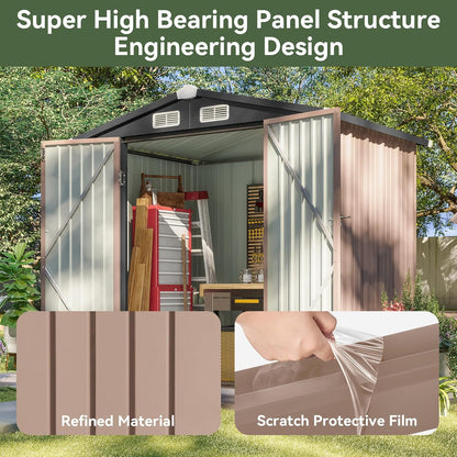 6.2X4 FT Shed Outdoor Storage Shed with Lockable Doors & Slooping Roof Metal Garden Tool Shed for Backyard, Patio, Poolside (Brown)