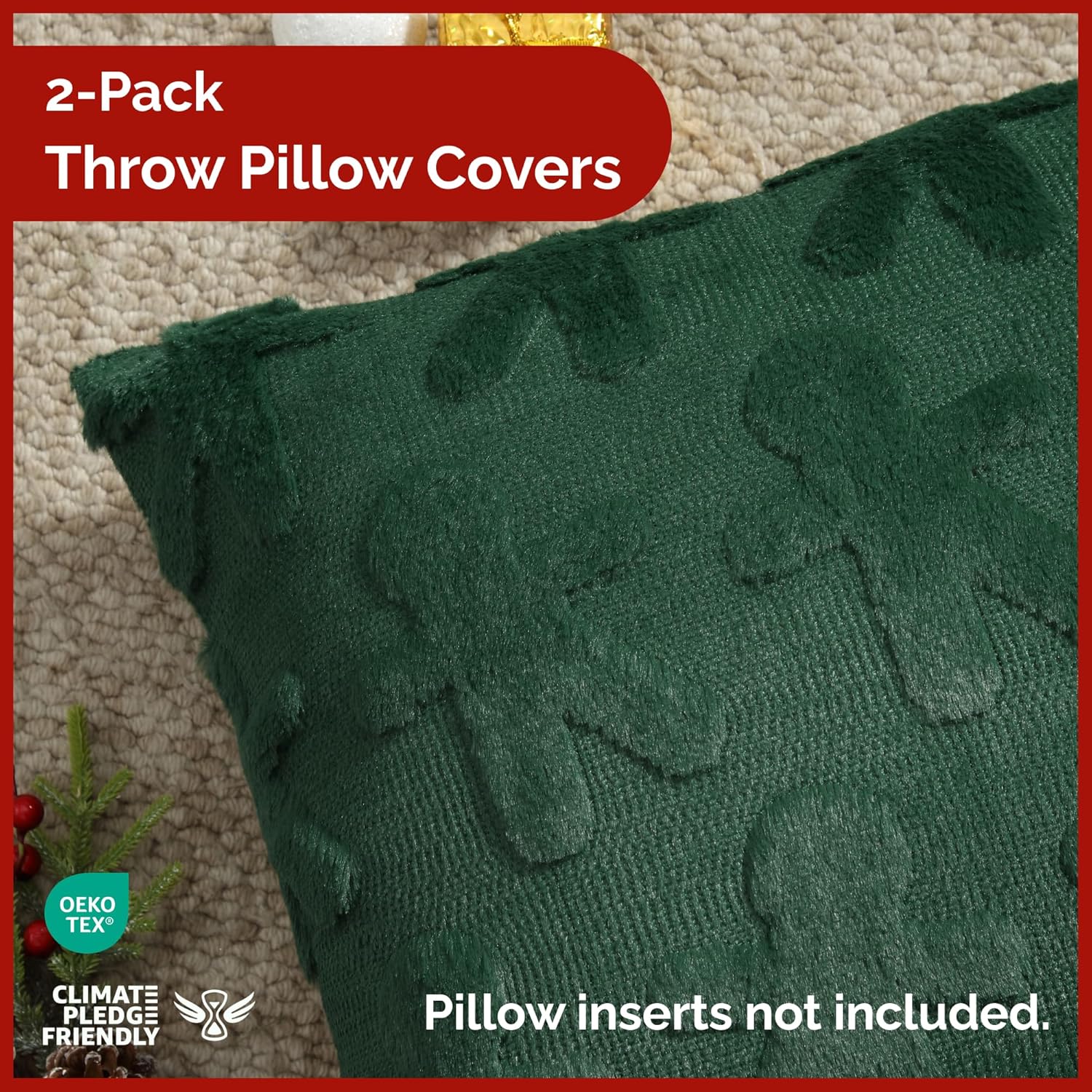 Gingerbread Pillowcases 18X18 - Christmas Pillow Covers Set of 2 - Xmas Couch Pillowcases for Living Room - Bed-Sized Holiday Throw Pillow Covers - Winter Holiday Home Decor - 3D Cushion Cases - Green