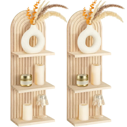 Geetery Twin Arch Wood Shelves - Boho 3-Tier Wall Display