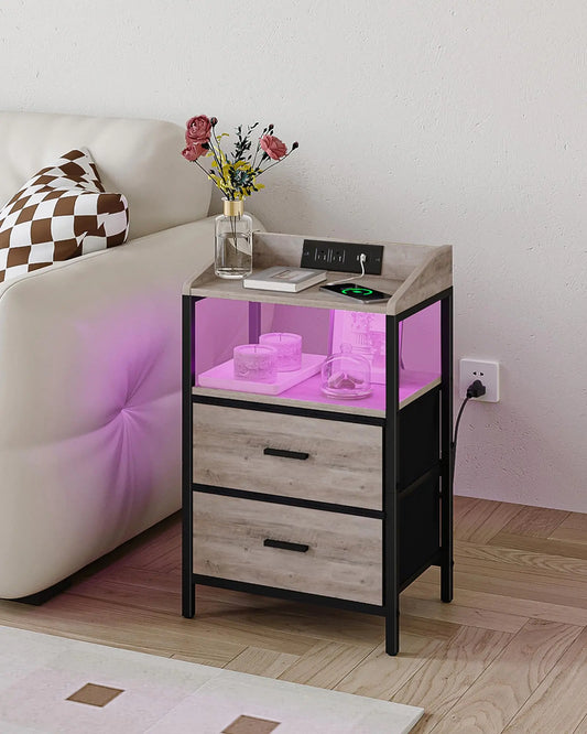Greige Modern Nightstand with LED & Charging Hub