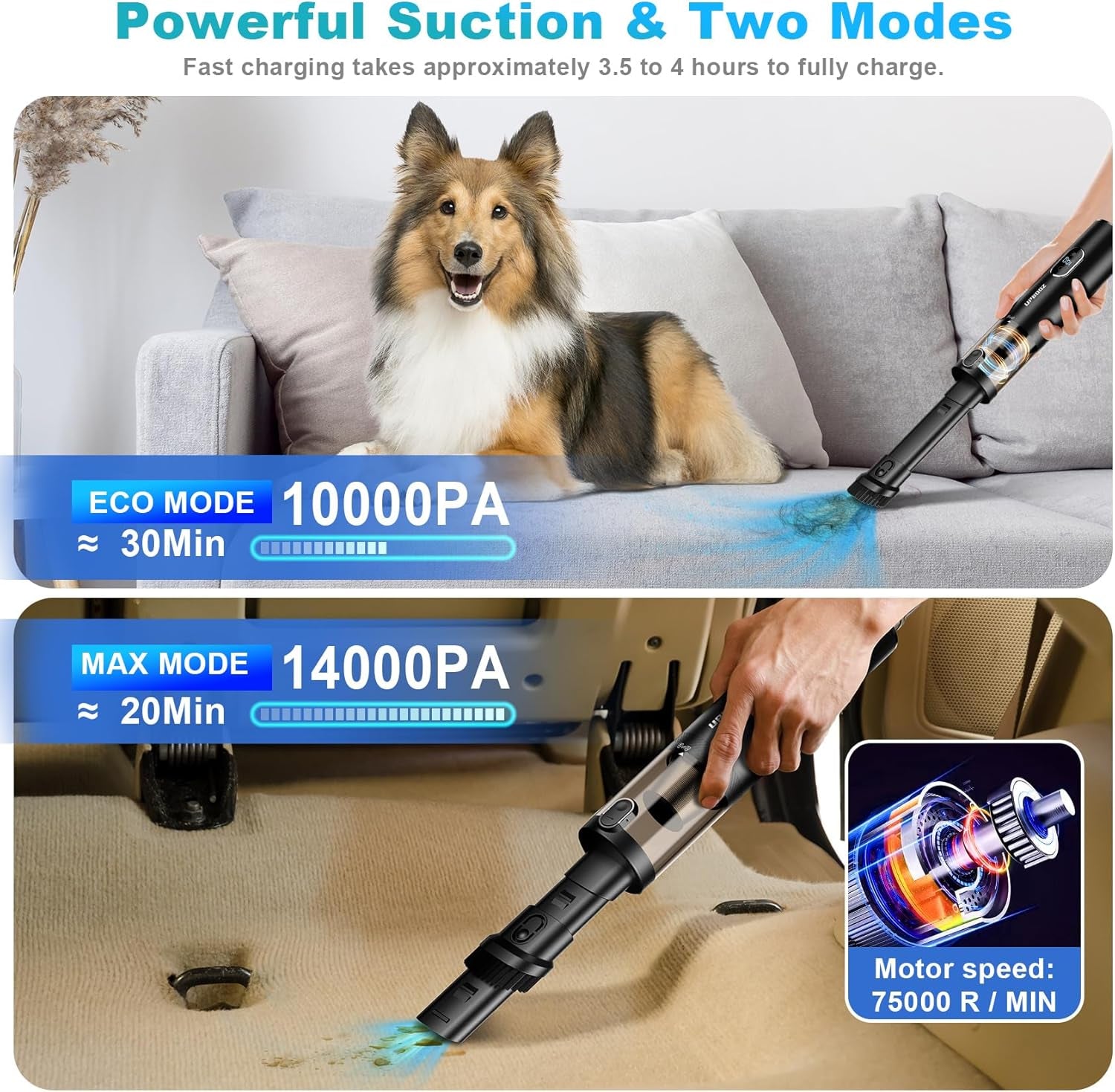 Handheld Vacuum Cordless, Car Vacuum with 14000PA Powerful Suction with LED Light, Air Duster 2-In-1,Low Noise Rechargeable Portable Mini Vacuum Cleaner for Car Home Pet Office,Two Gears Black